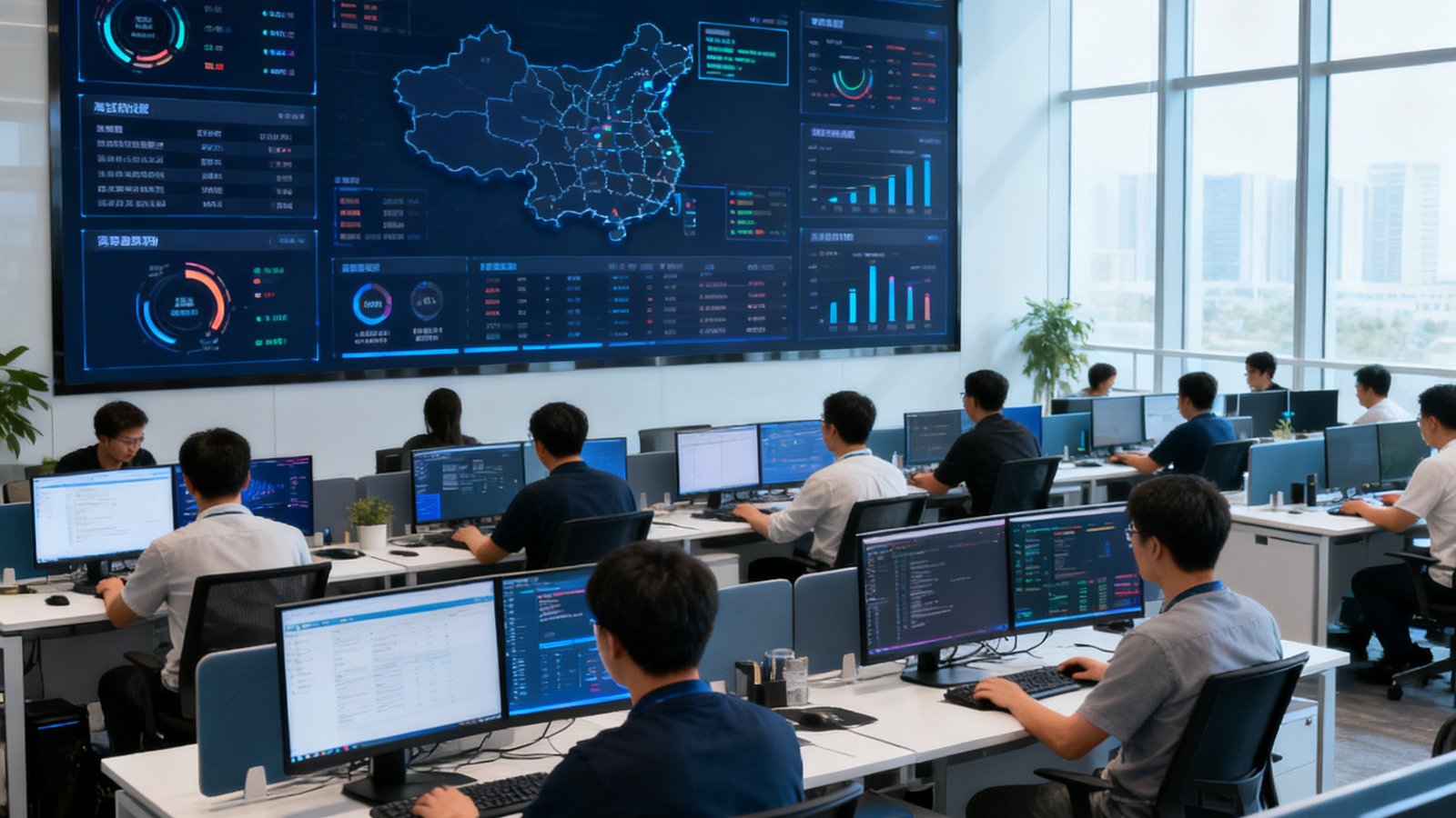 宽敞明亮的开放式办公区，数十位工程师在双屏工作站前专注工作，墙上挂着巨大的实时数据监控屏幕，显示全球CDN节点状态